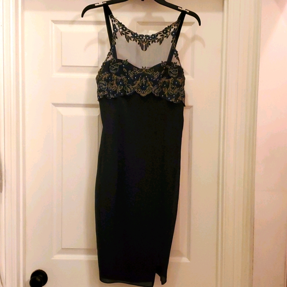 NWOT Womens 6 Navy Semi Formal Cocktail Dress with Gold Designs on Sheer Top